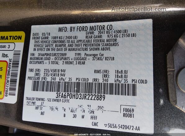 3FA6P0HD3JR222889 2018 FORD FUSION Серый Вид подкапотного пространства