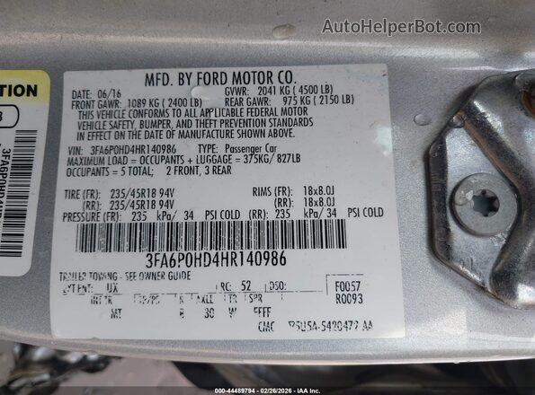 3FA6P0HD4HR140986 2017 FORD FUSION Silver Շարժիչի բաժամունքի տեսք