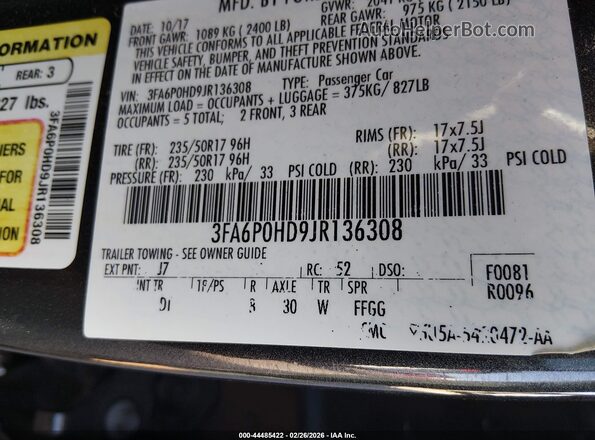 3FA6P0HD9JR136308 2018 FORD FUSION Gray Widok komory silnika