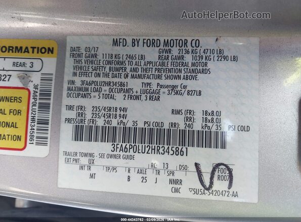 3FA6P0LU2HR345861 2017 FORD FUSION HYBRID Silver 