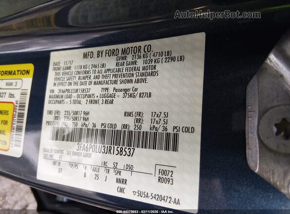3FA6P0LU3JR158537 2018 FORD FUSION HYBRID Blue Vista del compartimento del motor