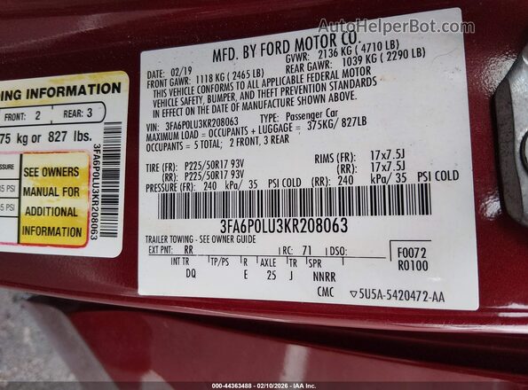 3FA6P0LU3KR208063 2019 FORD FUSION HYBRID Red Вид підкапотного простору