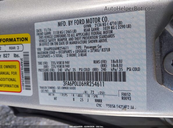 3FA6P0LU6HR254611 2017 FORD FUSION HYBRID Silver 