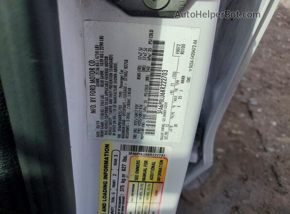 3FA6P0LU6KR222703 2019 FORD FUSION White 