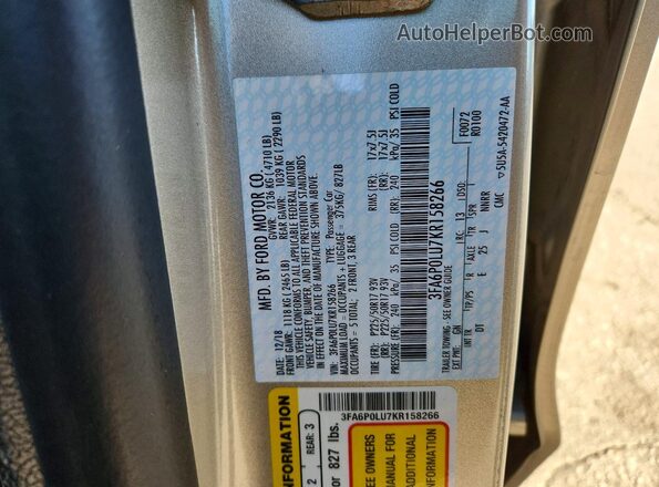 3FA6P0LU7KR158266 2019 FORD FUSION Beige 
