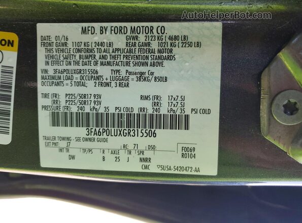 3FA6P0LUXGR315506 2016 FORD FUSION Угольный Вид подкапотного пространства