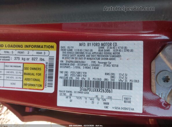 3FA6P0LUXKR263061 2019 FORD FUSION HYBRID Бордовый Вид подкапотного пространства