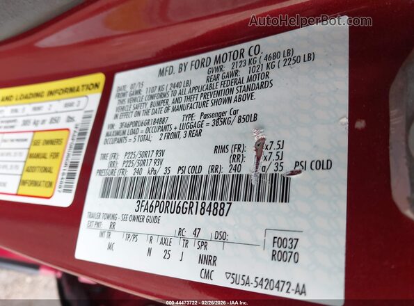 3FA6P0RU6GR184887 2016 FORD FUSION HYBRID Red Вид підкапотного простору