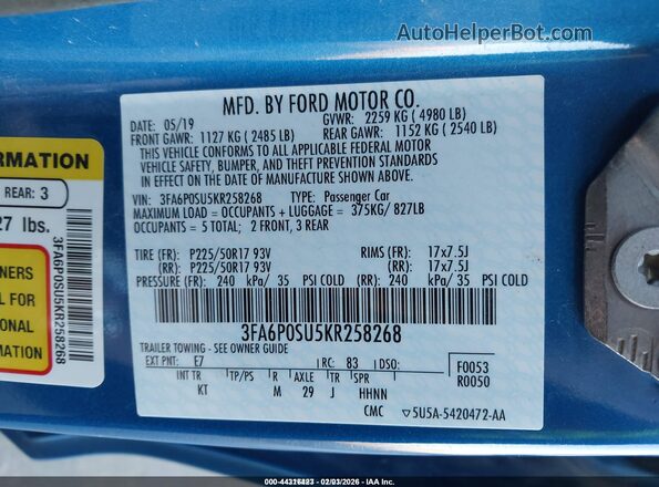 3FA6P0SU5KR258268 2019 FORD FUSION ENERGI Синий 