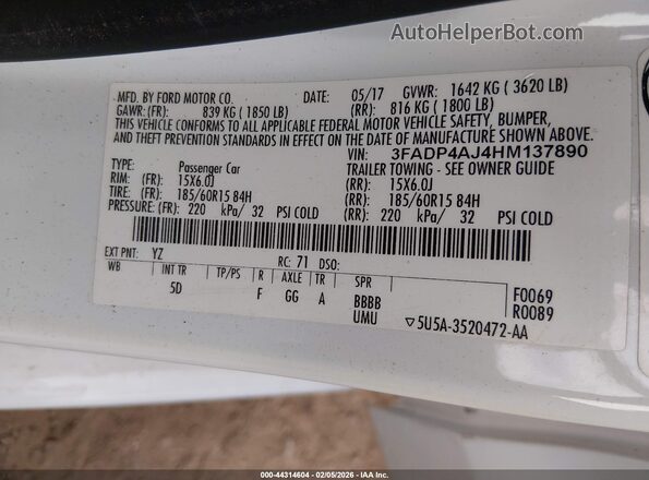 3FADP4AJ4HM137890 2017 FORD FIESTA White Engine compartment view