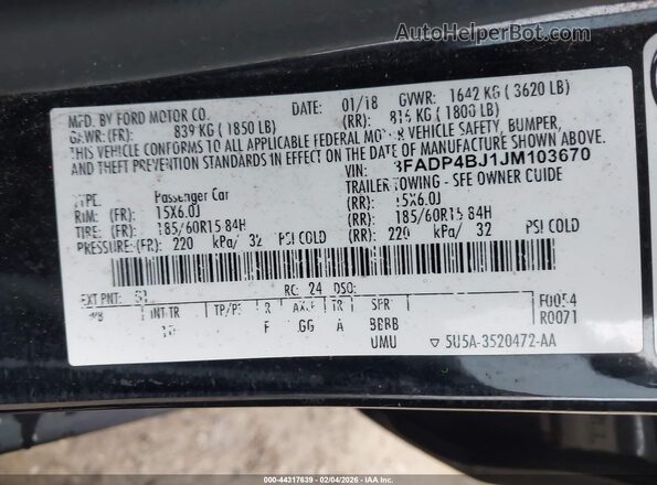 3FADP4BJ1JM103670 2018 FORD FIESTA Black Engine compartment view