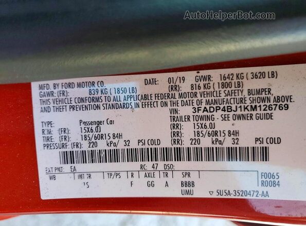 3FADP4BJ1KM126769 2019 FORD FIESTA Red 