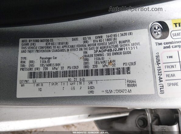 3FADP4BJ2JM111311 2018 FORD FIESTA Silver 