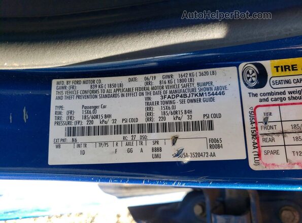 3FADP4BJ7KM154446 2019 FORD FIESTA Blue 