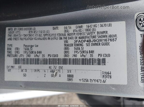 3FADP4BJ9GM167657 2016 FORD FIESTA Silver Vista del compartimento del motor