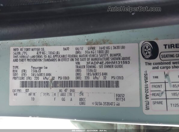3FADP4EJ9HM131593 2017 FORD FIESTA Teal Engine compartment view