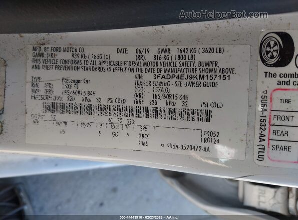 3FADP4EJ9KM157151 2019 FORD FIESTA White Widok komory silnika