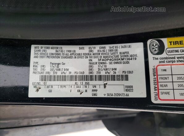 3FADP4GX6KM136419 2019 FORD FIESTA Black 