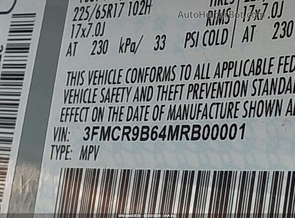 3FMCR9B64MRB00001 2021 FORD BRONCO SPORT Gray ძრავის განყოფილების ხედი
