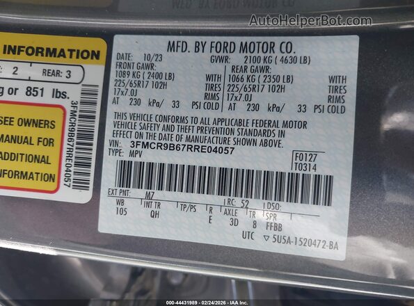 3FMCR9B67RRE04057 2024 FORD BRONCO SPORT Gray Vista del compartimento del motor