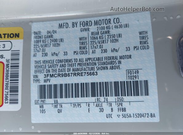 3FMCR9B67RRE75663 2024 FORD BRONCO SPORT Cream ძრავის განყოფილების ხედი