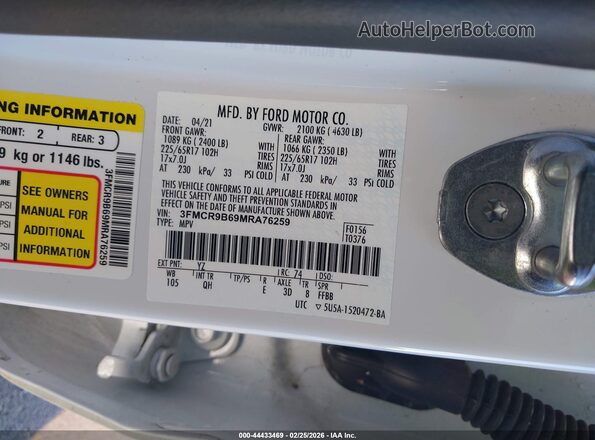 3FMCR9B69MRA76259 2021 FORD BRONCO SPORT White Շարժիչի բաժամունքի տեսք
