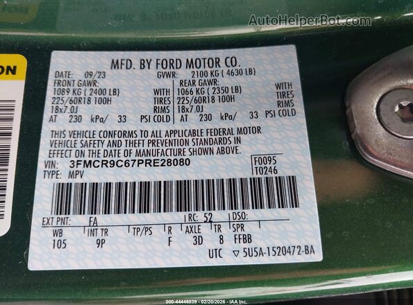 3FMCR9C67PRE28080 2023 FORD BRONCO SPORT Green ძრავის განყოფილების ხედი