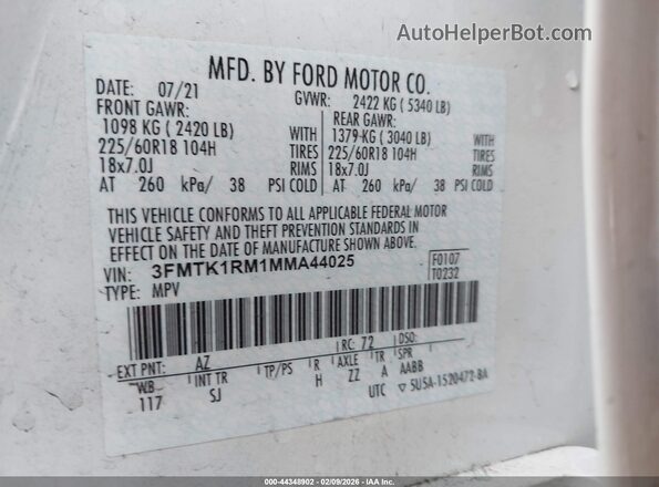 3FMTK1RM1MMA44025 2021 FORD MUSTANG MACH-E White Engine compartment view