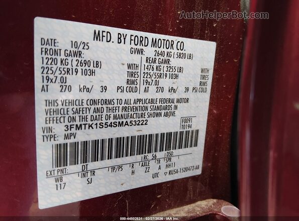 3FMTK1S54SMA53222 2025 FORD MUSTANG MACH-E Red Вид підкапотного простору
