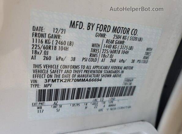 3FMTK2R70MMA66694 2021 FORD MUSTANG White 