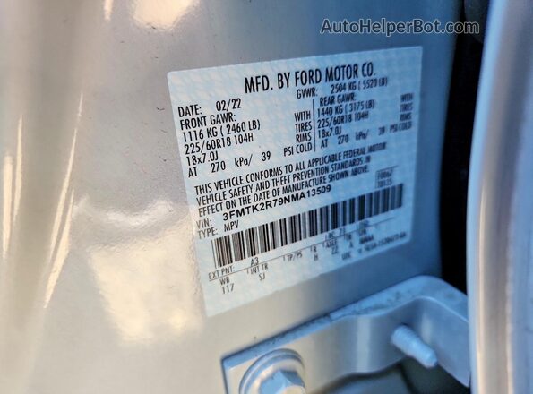 3FMTK2R79NMA13509 2022 FORD MUSTANG White Widok naklejki z numerem VIN