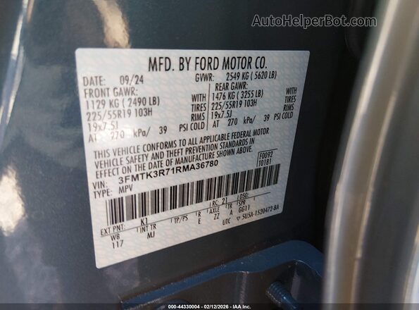 3FMTK3R71RMA36780 2024 FORD MUSTANG MACH-E PREMI Blue VIN კოდის სტიკერის ხედი