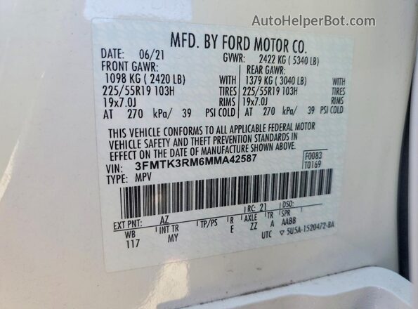 3FMTK3RM6MMA42587 2021 FORD MUSTANG MACH-E PREMI White 