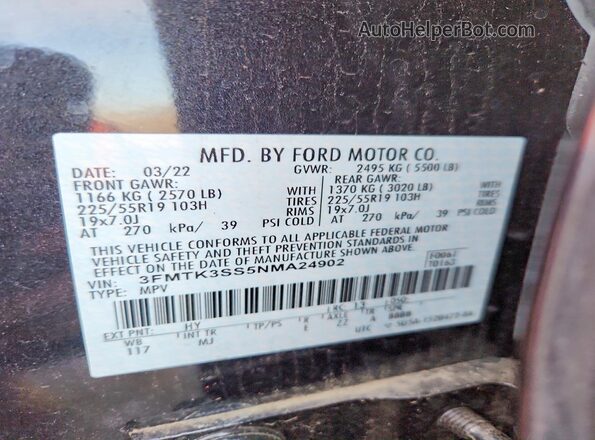 3FMTK3SS5NMA24902 2022 FORD MUSTANG MACH-E PREMI Угольный Вид подкапотного пространства