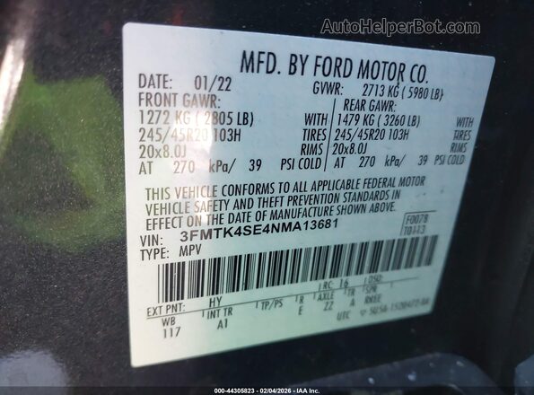 3FMTK4SE4NMA13681 2022 FORD MUSTANG MACH-E Серый Вид подкапотного пространства