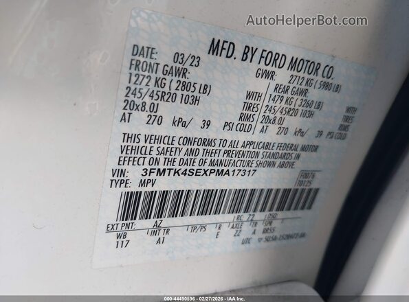 3FMTK4SEXPMA17317 2023 FORD MUSTANG MACH-E White Widok komory silnika