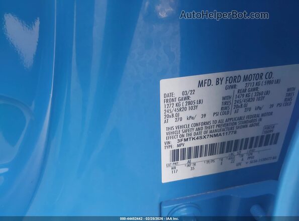 3FMTK4SX7NMA11778 2022 FORD MUSTANG MACH-E Blue Вид підкапотного простору