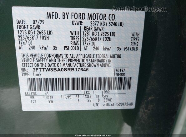 3FTTW8BA0SRB17645 2025 FORD MAVERICK Green Շարժիչի բաժամունքի տեսք