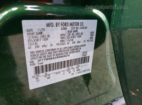 3FTTW8BA3SRB69478 2025 FORD MAVERICK Green VIN sticker view