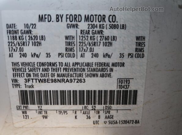 3FTTW8E98NRA97263 2022 FORD MAVERICK Белый Вид подкапотного пространства