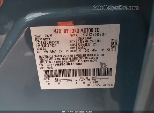 3FTTW8F90NRA05609 2022 FORD MAVERICK Blue Շարժիչի բաժամունքի տեսք