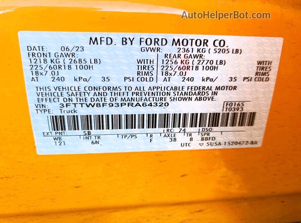 3FTTW8F93PRA64320 2023 FORD MAVERICK Yellow VIN sticker view