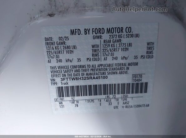 3FTTW8H32SRA45100 2025 FORD MAVERICK White 