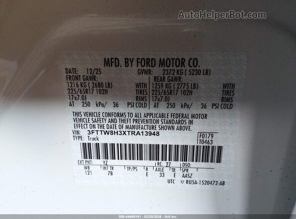 3FTTW8H3XTRA13948 2026 FORD MAVERICK White Vista del compartimento del motor