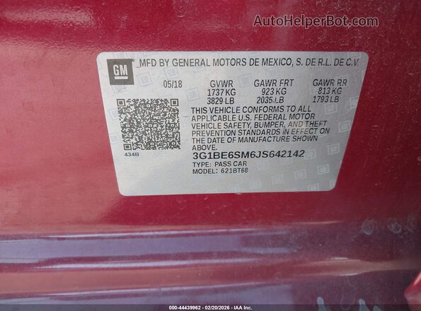 3G1BE6SM6JS642142 2018 CHEVROLET CRUZE Red ძრავის განყოფილების ხედი