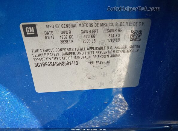 3G1BE6SM9HS581413 2017 CHEVROLET CRUZE Blue Вид підкапотного простору