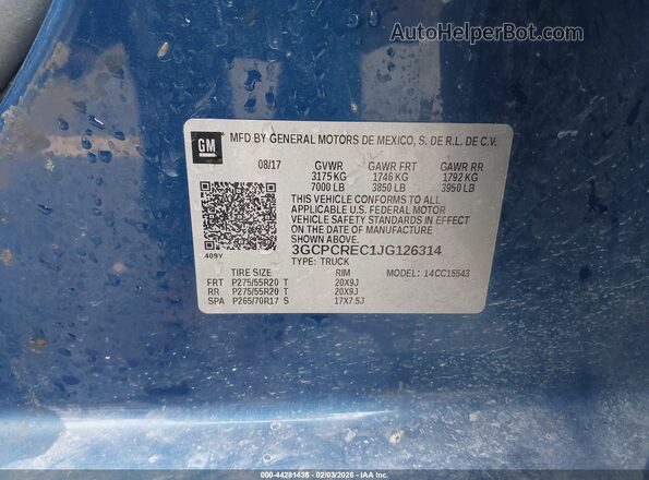 3GCPCREC1JG126314 2018 CHEVROLET SILVERADO Синий Вид подкапотного пространства