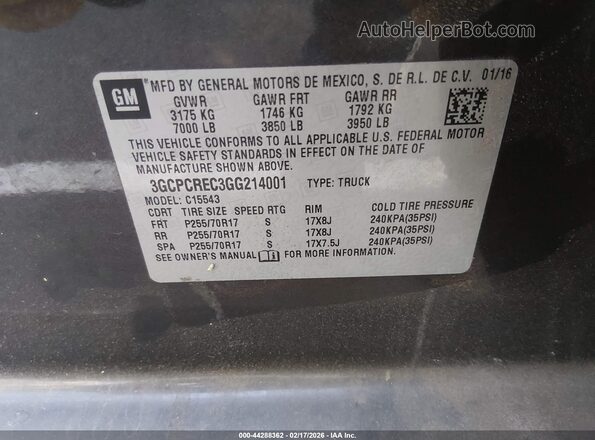 3GCPCREC3GG214001 2016 CHEVROLET SILVERADO Gray Vista del compartimento del motor