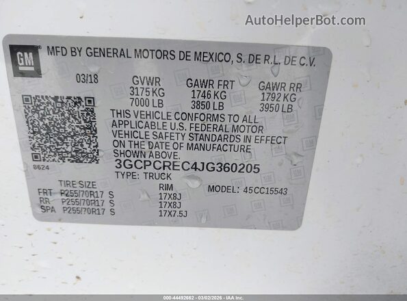 3GCPCREC4JG360205 2018 CHEVROLET SILVERADO Белый Вид подкапотного пространства