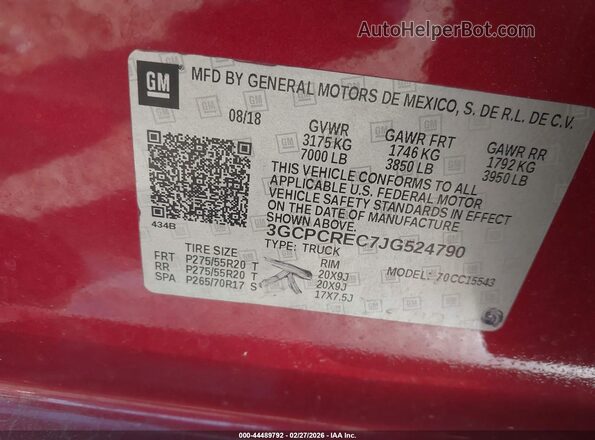 3GCPCREC7JG524790 2018 CHEVROLET SILVERADO Red Vista del compartimento del motor